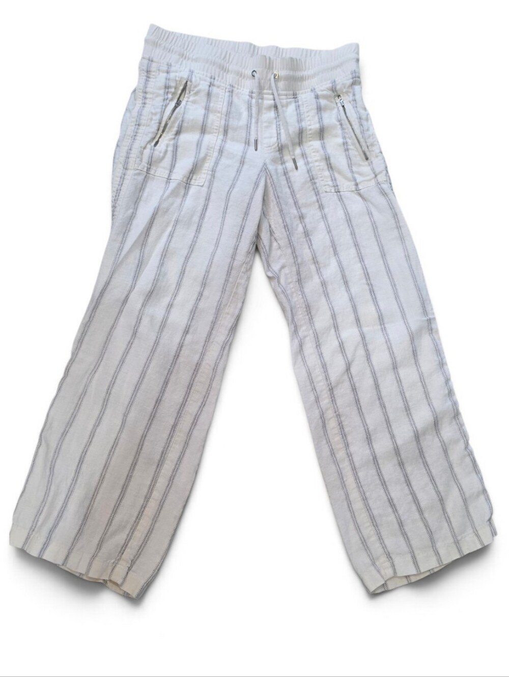 Athleta White Linen Striped Casual Drawstring Gray Stripes Size 10